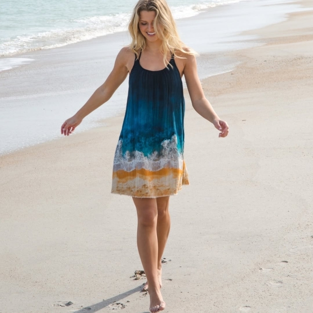 ​NWT Natural Life Coco Cotton Gauze Mini Dress Beach Scene Ocean Ombre Pr XS/S